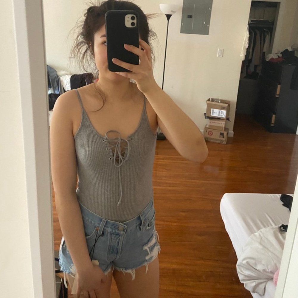 Gray Lace Up Bodysuit